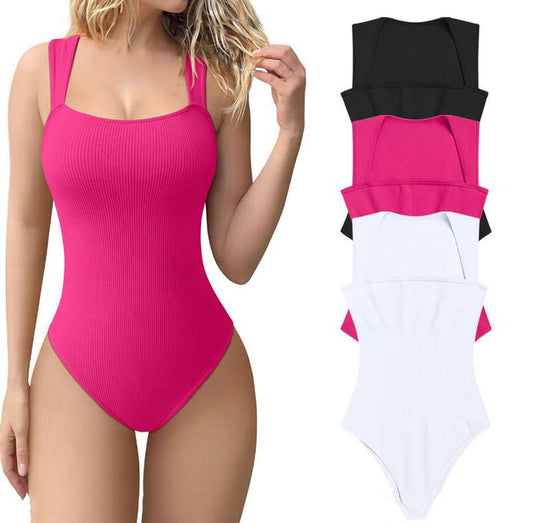Women'S Solid Ribbed Square Neck Bodysuit, Casual Comfy Sleeveless Tank Bodysuit for Daily Wear, Shapewear for Women, Ladies Shapewear for All Seasons, Body Shapewear.