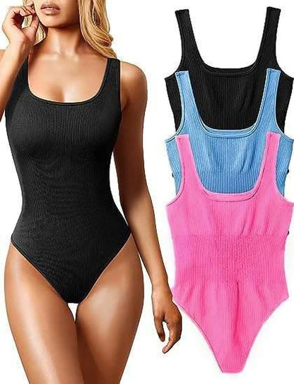 Women'S 3Pc Pack Ribbed Square Neck Shapewear Bodysuit Tank Top Sleeveless One Pc Bodysuit Tummy Control Comfort Nightwear Everyday Gym Nylon Spandex Womenswear Sexy Slimming Ladies Everyday Spring Summer Outfit