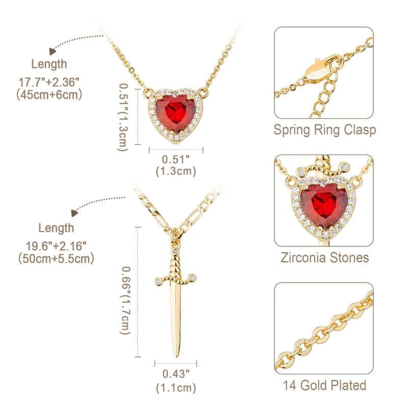 MEIITRUE 14K Gold Plated Heart Pendant Necklace for Women & Men Zirconia Dagger Cross Layer Necklace Matching Jewelry for Couples