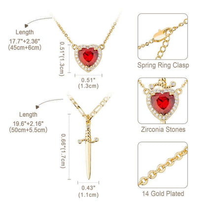 MEIITRUE 14K Gold Plated Heart Pendant Necklace for Women & Men Zirconia Dagger Cross Layer Necklace Matching Jewelry for Couples