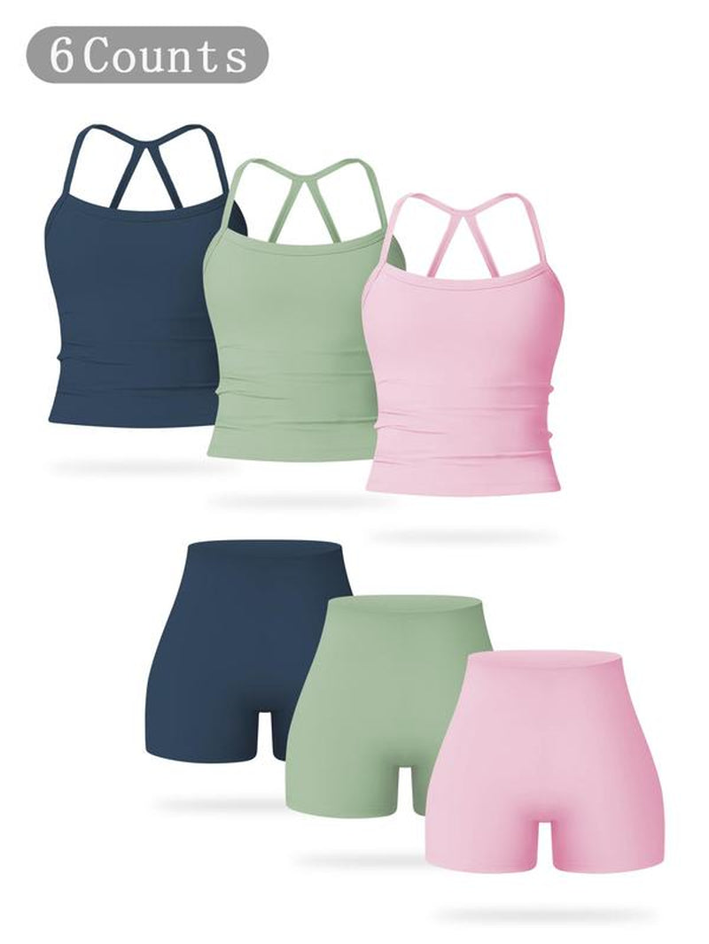 Women'S Solid Backless Sports Cami Top & High Waist Shorts Sportswear Set, Casual Comfy Breathable Tummy Control Two-Piece for Yoga Gym Workout Running, Ladies Sportswear for All Seasons, Workout Clothes Women