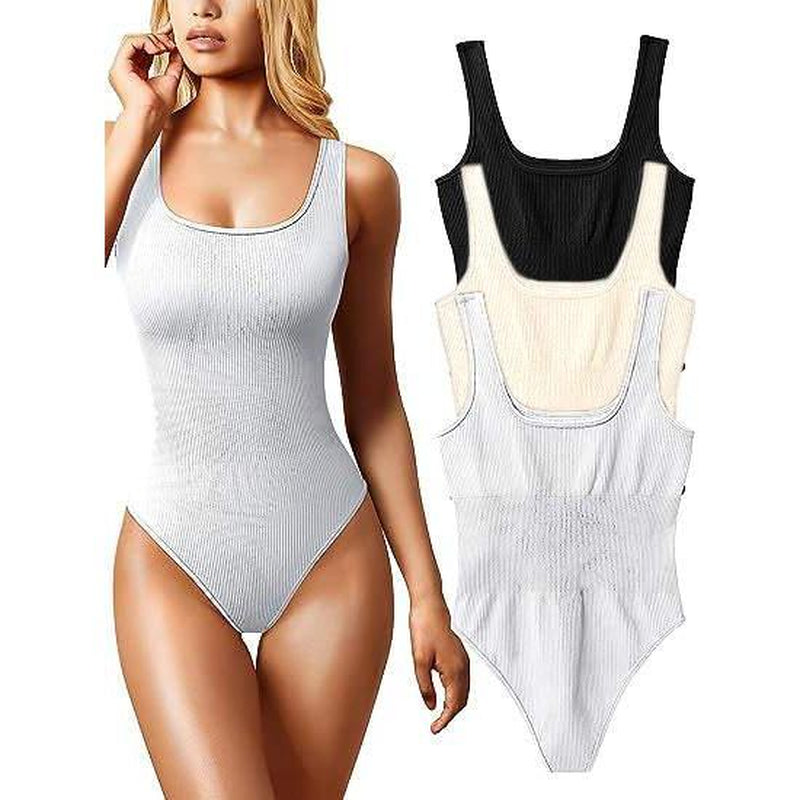 Women'S 3Pc Pack Ribbed Square Neck Shapewear Bodysuit Tank Top Sleeveless One Pc Bodysuit Tummy Control Comfort Nightwear Everyday Gym Nylon Spandex Womenswear Sexy Slimming Ladies Everyday Spring Summer Outfit