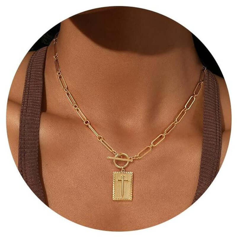 Tewiky Charm Outdoorfun Cross Choker Necklace for Women, Back Engraved with Jesus’ Blessing Message Thick Chunky Paperclip Chain Hip Hop Necklace Unisex Jewelry,Cuban Link Chain for Women Trendy Fashion Jewelry Gifts
