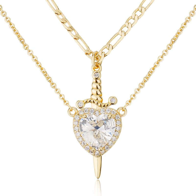MEIITRUE 14K Gold Plated Heart Pendant Necklace for Women & Men Zirconia Dagger Cross Layer Necklace Matching Jewelry for Couples