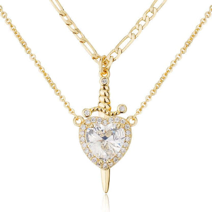 MEIITRUE 14K Gold Plated Heart Pendant Necklace for Women & Men Zirconia Dagger Cross Layer Necklace Matching Jewelry for Couples