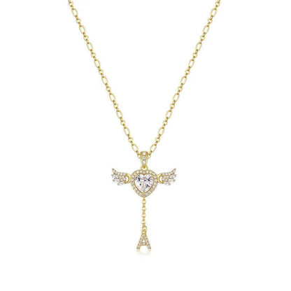 MEIITRUE 14K Gold Plated Angel Initial Necklace for Women, Heart Zirconia Pendant Necklace with Movable Wings, Personalized A–Z Letter Pendant Jewelry for Women