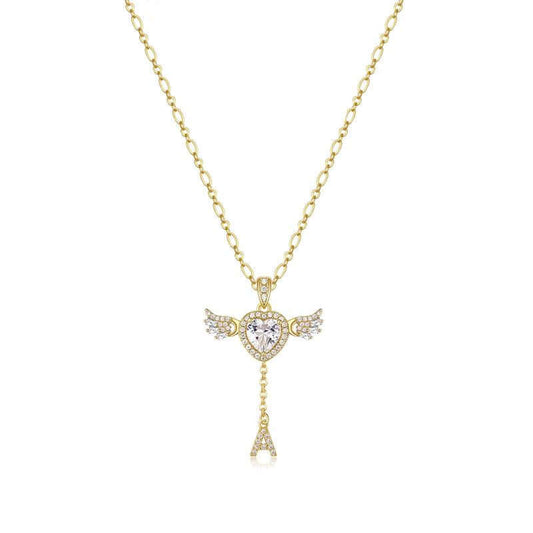 MEIITRUE 14K Gold Plated Angel Initial Necklace for Women, Heart Zirconia Pendant Necklace with Movable Wings, Personalized A–Z Letter Pendant Jewelry for Women