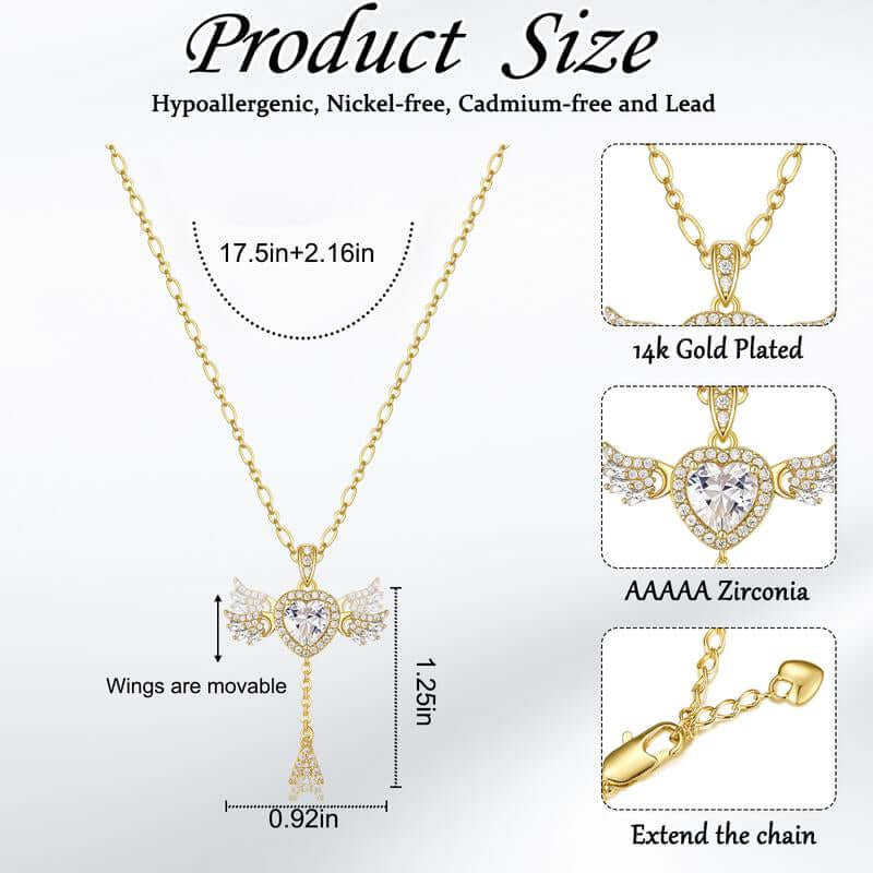 MEIITRUE 14K Gold Plated Angel Initial Necklace for Women, Heart Zirconia Pendant Necklace with Movable Wings, Personalized A–Z Letter Pendant Jewelry for Women