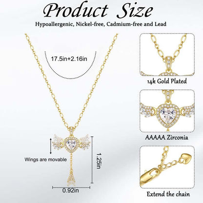 MEIITRUE 14K Gold Plated Angel Initial Necklace for Women, Heart Zirconia Pendant Necklace with Movable Wings, Personalized A–Z Letter Pendant Jewelry for Women