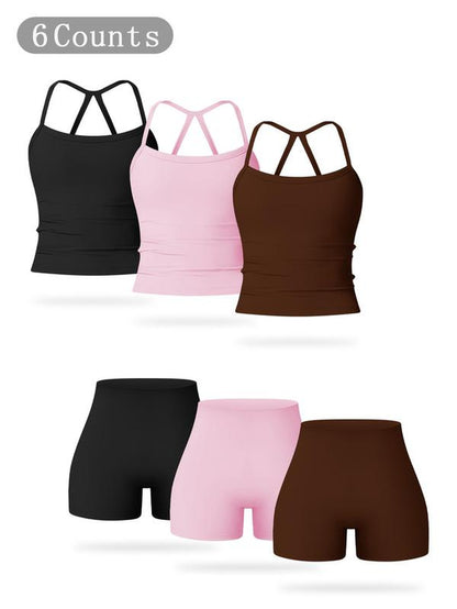 Women'S Solid Backless Sports Cami Top & High Waist Shorts Sportswear Set, Casual Comfy Breathable Tummy Control Two-Piece for Yoga Gym Workout Running, Ladies Sportswear for All Seasons, Workout Clothes Women