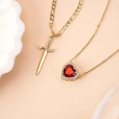 MEIITRUE 14K Gold Plated Heart Pendant Necklace for Women & Men Zirconia Dagger Cross Layer Necklace Matching Jewelry for Couples