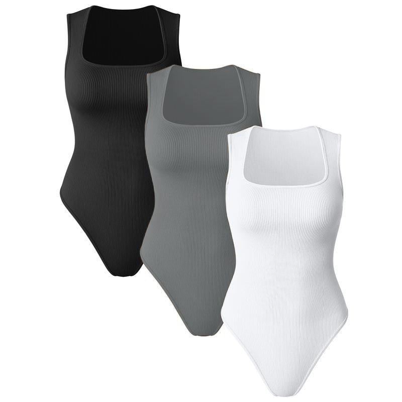 Women'S Solid Ribbed Square Neck Bodysuit, Casual Comfy Sleeveless Tank Bodysuit for Daily Wear, Shapewear for Women, Ladies Shapewear for All Seasons, Body Shapewear.