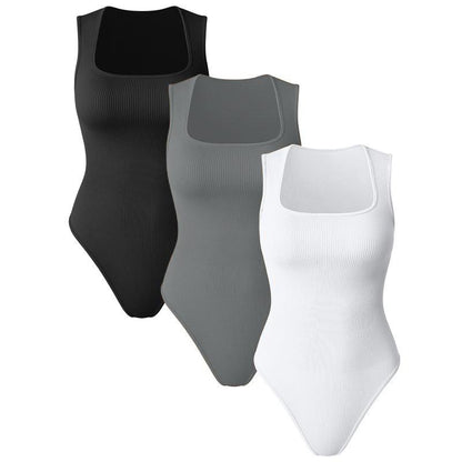 Women'S Solid Ribbed Square Neck Bodysuit, Casual Comfy Sleeveless Tank Bodysuit for Daily Wear, Shapewear for Women, Ladies Shapewear for All Seasons, Body Shapewear.