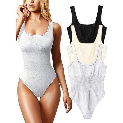 Women'S 3Pc Pack Ribbed Square Neck Shapewear Bodysuit Tank Top Sleeveless One Pc Bodysuit Tummy Control Comfort Nightwear Everyday Gym Nylon Spandex Womenswear Sexy Slimming Ladies Everyday Spring Summer Outfit