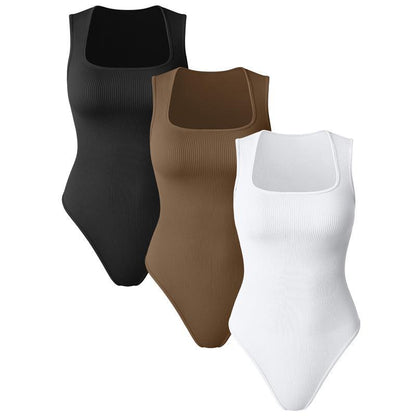 Women'S Solid Ribbed Square Neck Bodysuit, Casual Comfy Sleeveless Tank Bodysuit for Daily Wear, Shapewear for Women, Ladies Shapewear for All Seasons, Body Shapewear.