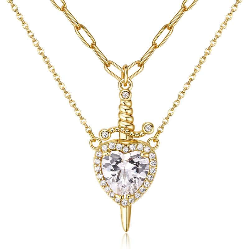 MEIITRUE 14K Gold Plated Heart Pendant Necklace for Women & Men Zirconia Dagger Cross Layer Necklace Matching Jewelry for Couples