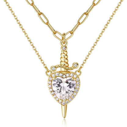 MEIITRUE 14K Gold Plated Heart Pendant Necklace for Women & Men Zirconia Dagger Cross Layer Necklace Matching Jewelry for Couples