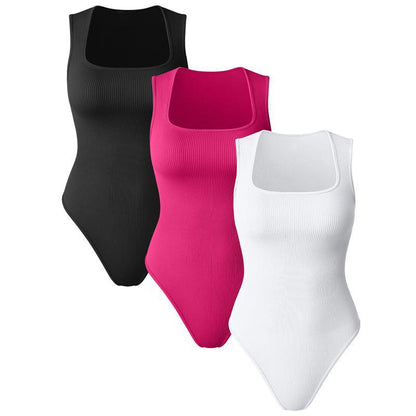 Women'S Solid Ribbed Square Neck Bodysuit, Casual Comfy Sleeveless Tank Bodysuit for Daily Wear, Shapewear for Women, Ladies Shapewear for All Seasons, Body Shapewear.