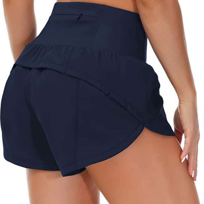 Women High Waisted Back Pocket Yoga Shorts Double Layer Running Yoga Sports Shorts