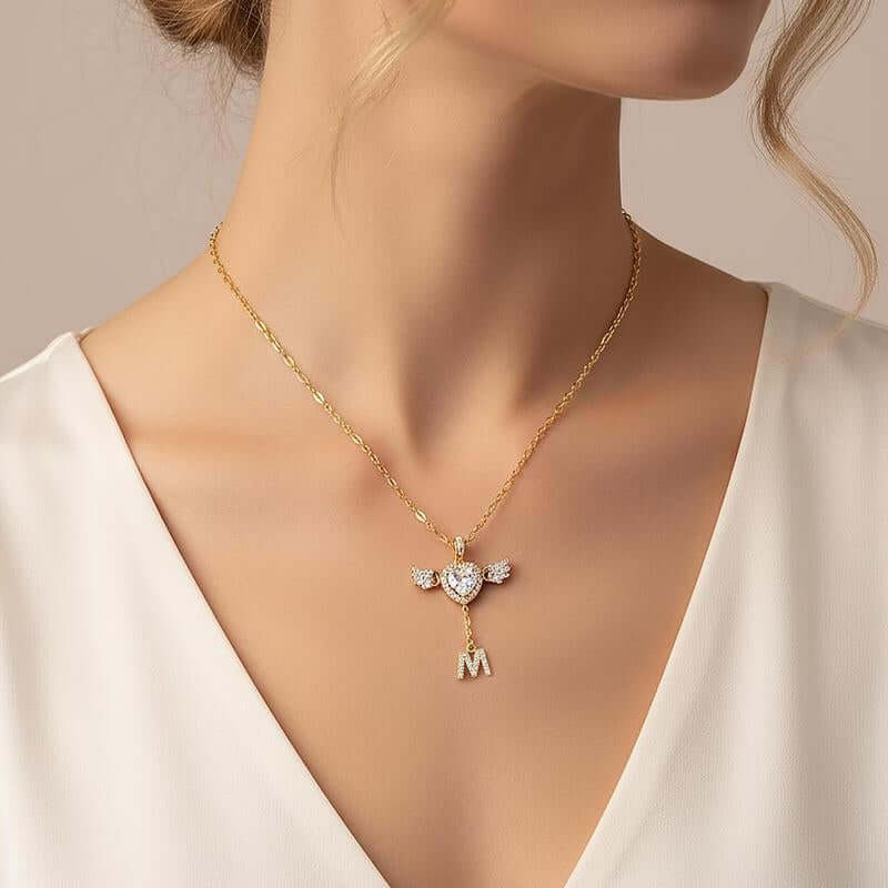 MEIITRUE 14K Gold Plated Angel Initial Necklace for Women, Heart Zirconia Pendant Necklace with Movable Wings, Personalized A–Z Letter Pendant Jewelry for Women