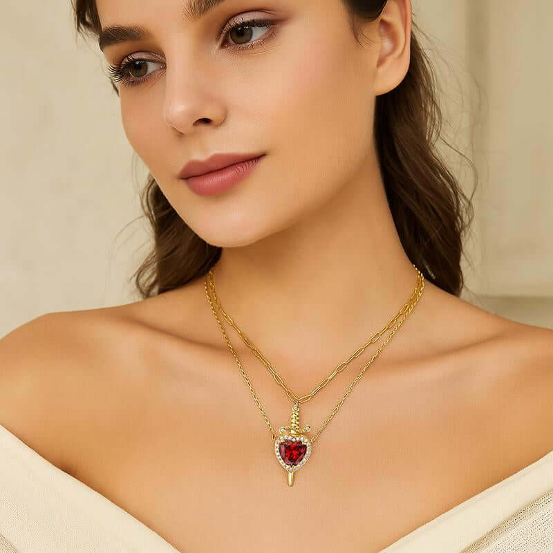 MEIITRUE 14K Gold Plated Heart Pendant Necklace for Women & Men Zirconia Dagger Cross Layer Necklace Matching Jewelry for Couples