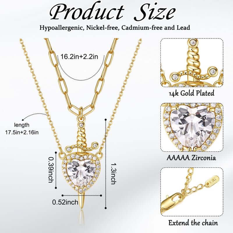 MEIITRUE 14K Gold Plated Heart Pendant Necklace for Women & Men Zirconia Dagger Cross Layer Necklace Matching Jewelry for Couples