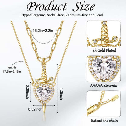 MEIITRUE 14K Gold Plated Heart Pendant Necklace for Women & Men Zirconia Dagger Cross Layer Necklace Matching Jewelry for Couples