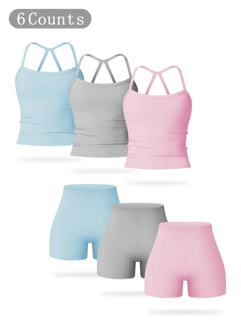 Women'S Solid Backless Sports Cami Top & High Waist Shorts Sportswear Set, Casual Comfy Breathable Tummy Control Two-Piece for Yoga Gym Workout Running, Ladies Sportswear for All Seasons, Workout Clothes Women