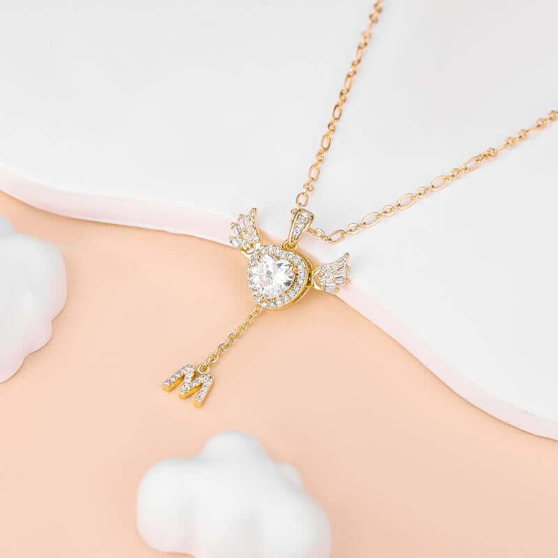 MEIITRUE 14K Gold Plated Angel Initial Necklace for Women, Heart Zirconia Pendant Necklace with Movable Wings, Personalized A–Z Letter Pendant Jewelry for Women