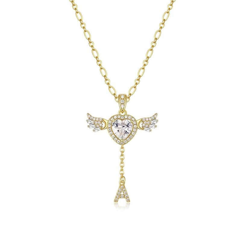 MEIITRUE 14K Gold Plated Angel Initial Necklace for Women, Heart Zirconia Pendant Necklace with Movable Wings, Personalized A–Z Letter Pendant Jewelry for Women