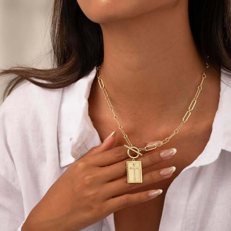 Tewiky Charm Outdoorfun Cross Choker Necklace for Women, Back Engraved with Jesus’ Blessing Message Thick Chunky Paperclip Chain Hip Hop Necklace Unisex Jewelry,Cuban Link Chain for Women Trendy Fashion Jewelry Gifts